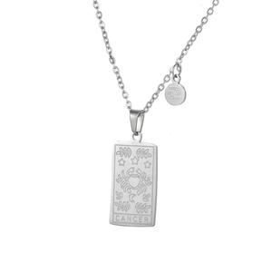 Detail view of silver stainless steel Cancer zodiac tarot pendant necklace with star patterns