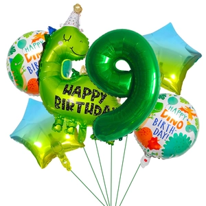 6-piece dinosaur 9th birthday balloon set including green foil dino and star shapes