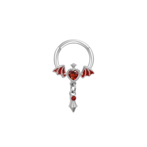 Anneau de piercing argenté avec cœur rouge, ailes de chauve-souris et pendentif