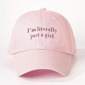 Pink cotton baseball cap with dark pink embroidered I'm literally just a girl text