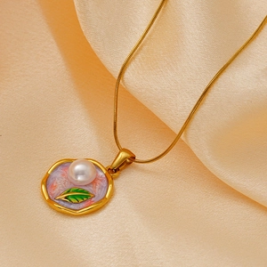 French vintage gold oil painting necklace with white pearl and marble flower pendant