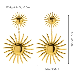 Detailed view of sunburst earrings with dimensions of 8.1cm length and 5cm width