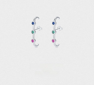 Detailed close-up of S925 sterling silver earrings featuring blue green and pink gemstones