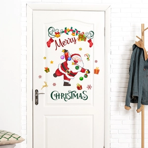 Detailed Christmas wall decals on white door featuring Santa, gifts and Merry Christmas text
