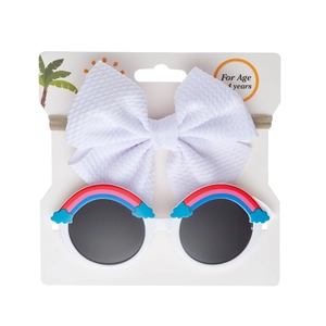 Detail of white waffle fabric headband and rainbow sunglasses set for age 4 kids