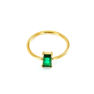 Elegant gold titanium steel ring with emerald cut green gemstone on white background