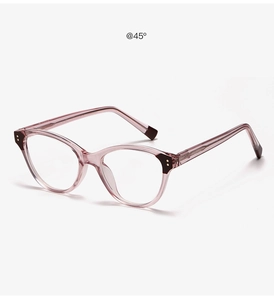 Detailed 45-degree angle view of light purple transparent fashion glasses frame