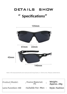 Detailed dimension guide for black sports sunglasses with frame width 135mm and PC material