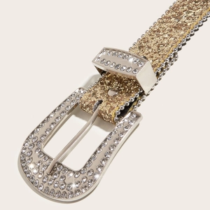 Sparkling rhinestone buckle belt with gold glitter strap for women's fashion outfits