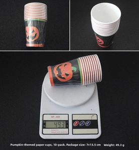 Halloween pumpkin head paper cups set of 10 showing dimensions and weight measurements