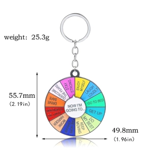 Detailed close-up of rotating decision maker keychain with colorful motivational slogans