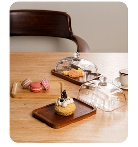 Acacia wood butter dish with glass lid set showing macarons and cookies detail