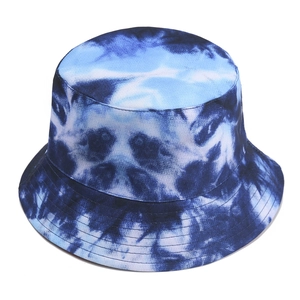 Tie-dye print blue cotton bucket hat with sun protection and reinforced brim for summer