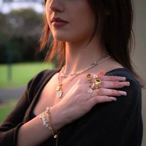 Vintage Stainless Steel Jewelry Set For Women Gold Plated Natural Stone Heart Evil Eye Rhinestone Necklace Ring Bracelet
