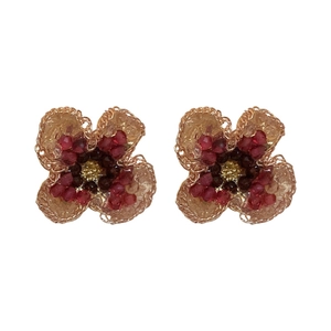 Vintage floral stud earrings with red crystal beads and golden metal wire in flower shape