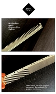 Macro detail of professional hair comb featuring styling notches and dual-tooth density