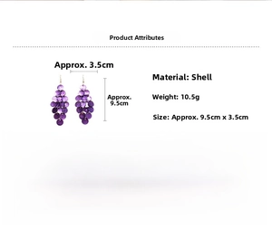 Detail showing natural purple shell sequins long fringe earrings with measurements and weight