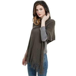 Women hooded knit poncho with tassel fringe in dark solid color for autumn and winter