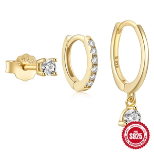 Three-piece gold plated 925 silver earring set with clear zircon studs and hoops