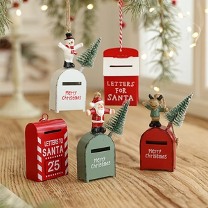 Festive painted metal Santa mailbox ornaments with 3D resin figurines on Christmas tree