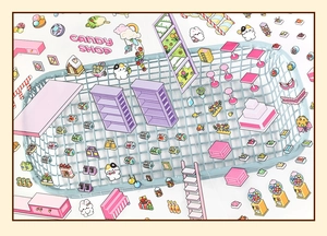 Detail of candy shop theme DIY stickers with cat and dessert patterns in blue metal basket