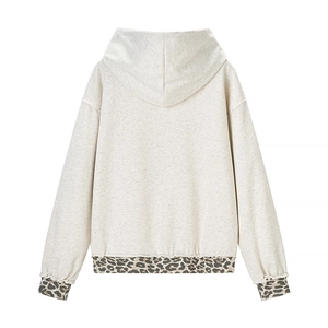 Chic cream hoodie for women featuring trendy leopard print trim and a comfortable hood