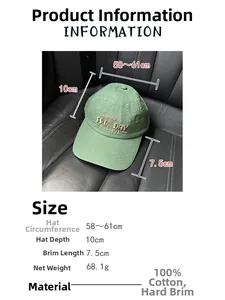Size chart showing 58-61cm circumference and 7.5cm brim for 100% cotton baseball cap