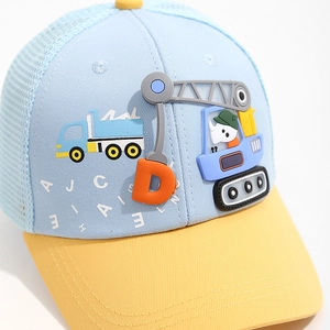 Toddler summer mesh baseball cap with 3D silicone excavator and crane design in blue and yellow