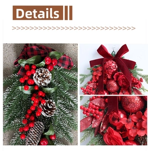 Detail view of upside-down Christmas tree swag with pine cones, red berries and velvet bow