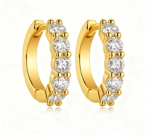 Detail view of gold-plated S925 silver hoop earrings featuring white moissanite stones