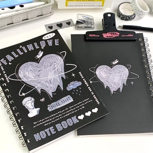 Minimalist Y2K black notebook set with silver artistic heart and David statue prints