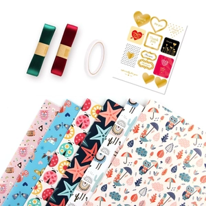 Cute cartoon caterpillar wrapping paper set with ribbons and thank you stickers