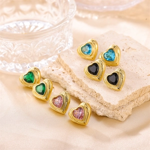 Heart Stud Earrings Stainless Steel Inlaid Colorful Rhinestone Gold Plated Elegant Trendy Design Jewelry For Women