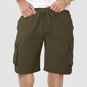 Men's olive cargo shorts featuring elastic drawstring waist and side flap pockets
