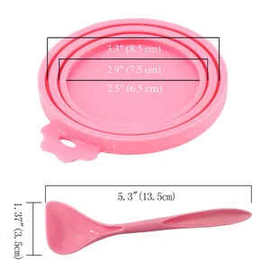 Detailed dimensions of silicone pet food can lid with three rings and feeding spoon measurements