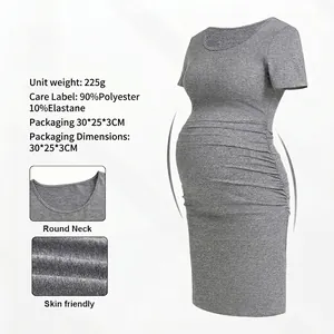 Short Sleeve Maternity Dress Ruched Sides Round Neck Bodycon Slim Fit Grey Stretchy Pregnancy Clothing