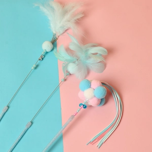 Interactive cat wand set with steel wire feathers and colorful plush pom poms