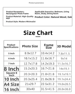 Detailed size chart for wooden shadow box frames showing inner and outer dimensions