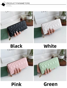Detailed view of quilted faux leather long zip wallets in black, white, pink and green colors