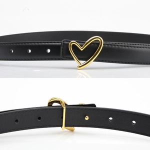 Women's slim black leather belt with golden hollow heart buckle for dresses and jeans
