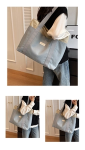 Detailed views of the large capacity canvas tote bag with sky blue and beige patchwork design