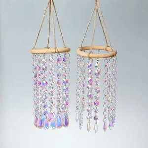 Crystal Suncatcher Wind Chime Wooden Ring Iridescent Hanging Decoration For Garden Patio Window Bohemian Minimalist Style