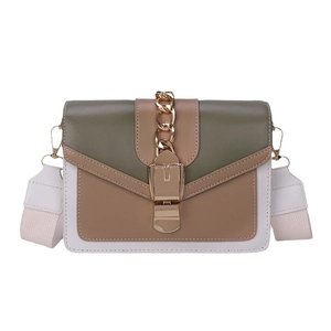 Fashionable color-block crossbody bag with wide strap and gold chain detail