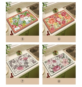 Absorbent floral dish drying mats in four vintage botanical patterns for kitchen counters