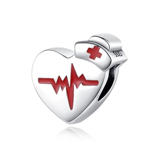 Silver nurse heart charm with red heartbeat and medical hat for DIY bracelets