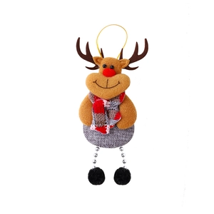 Hanging reindeer Christmas ornament with plush fur and red plaid scarf on white background