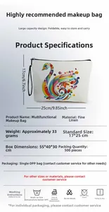 Detail view of 17x25cm fine linen cosmetic bag with colorful swan print and size markings