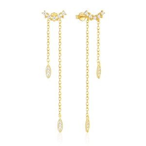 Elegant S925 silver tassel drop earrings with gold plating and sparkling crystals