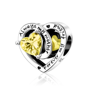 Detail of S925 silver heart charm with yellow stone and Always my mother engraving
