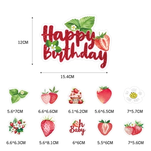 Strawberry birthday party decoration set with Happy Birthday cake toppers and swirl banners